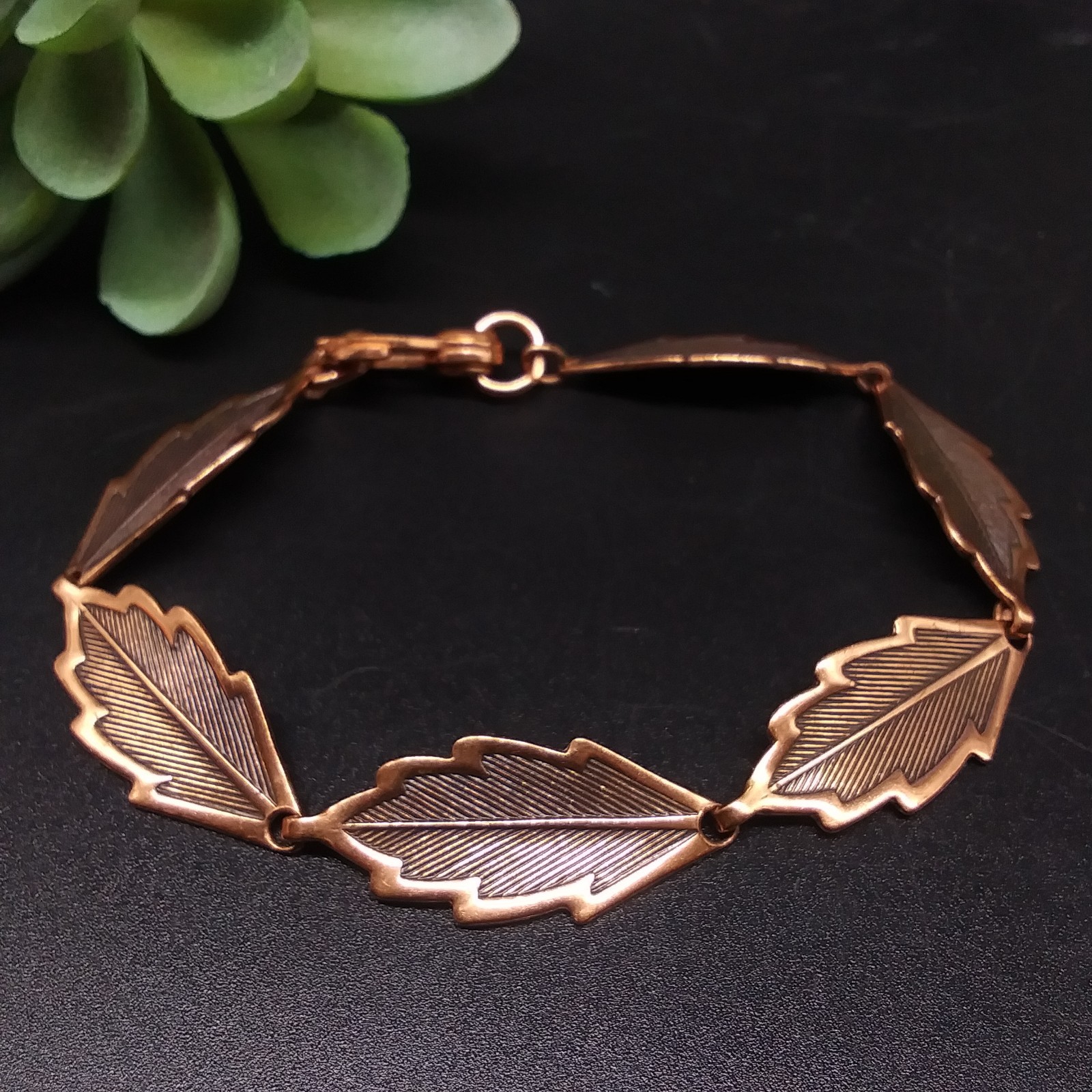 Vintage Solid Copper Leaf Panel Link Bracelet 8" - image 5