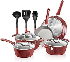Non Stick Kitchen Cookware Set 11 Piece Gray Red Metal Silicone Handle