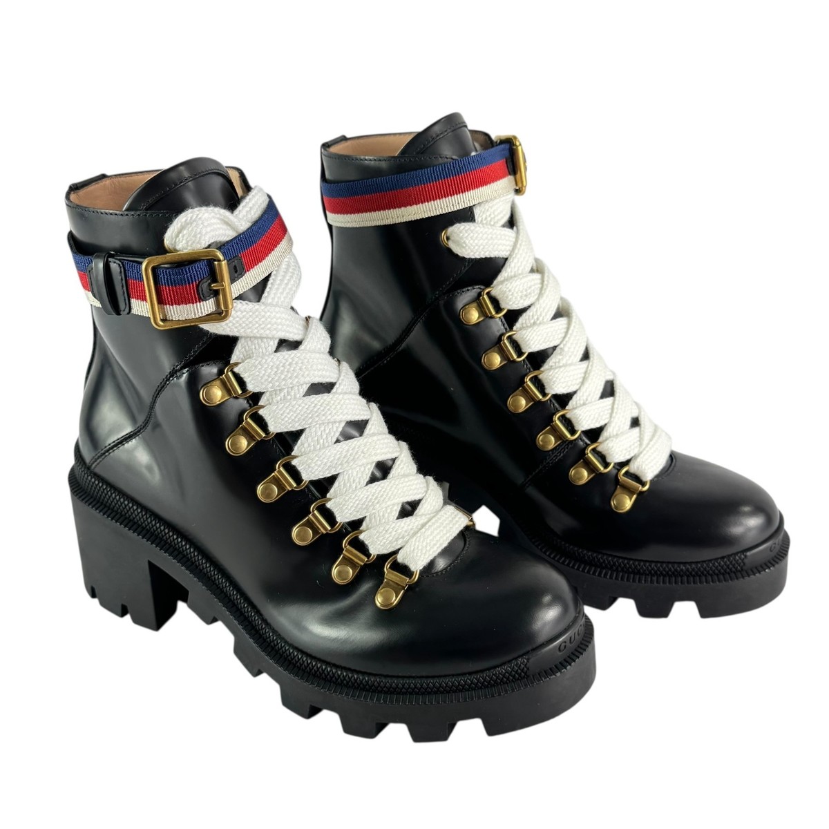 GUCCI 481156 Sylvie Web Lace Up Combat Platform Boots Black