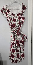 Kingfancy Women's XL White/Red Floral Rose V-Neck Fit & Flare Knee Zip Bow