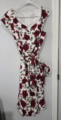 Kingfancy Women's XL White/Red Floral Rose V-Neck Fit & Flare Knee Zip Bow