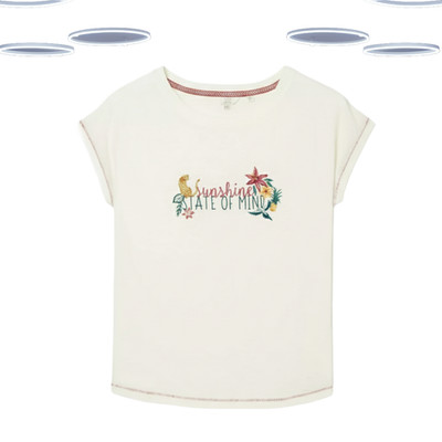 Ex Fat Face Damen T-Shirt - Kurzarm Grafikdruck Ivory Mix