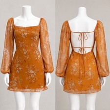Forever 21 Women's Brown Floral Puff Long Sleeve Backless Mini Dress Size M