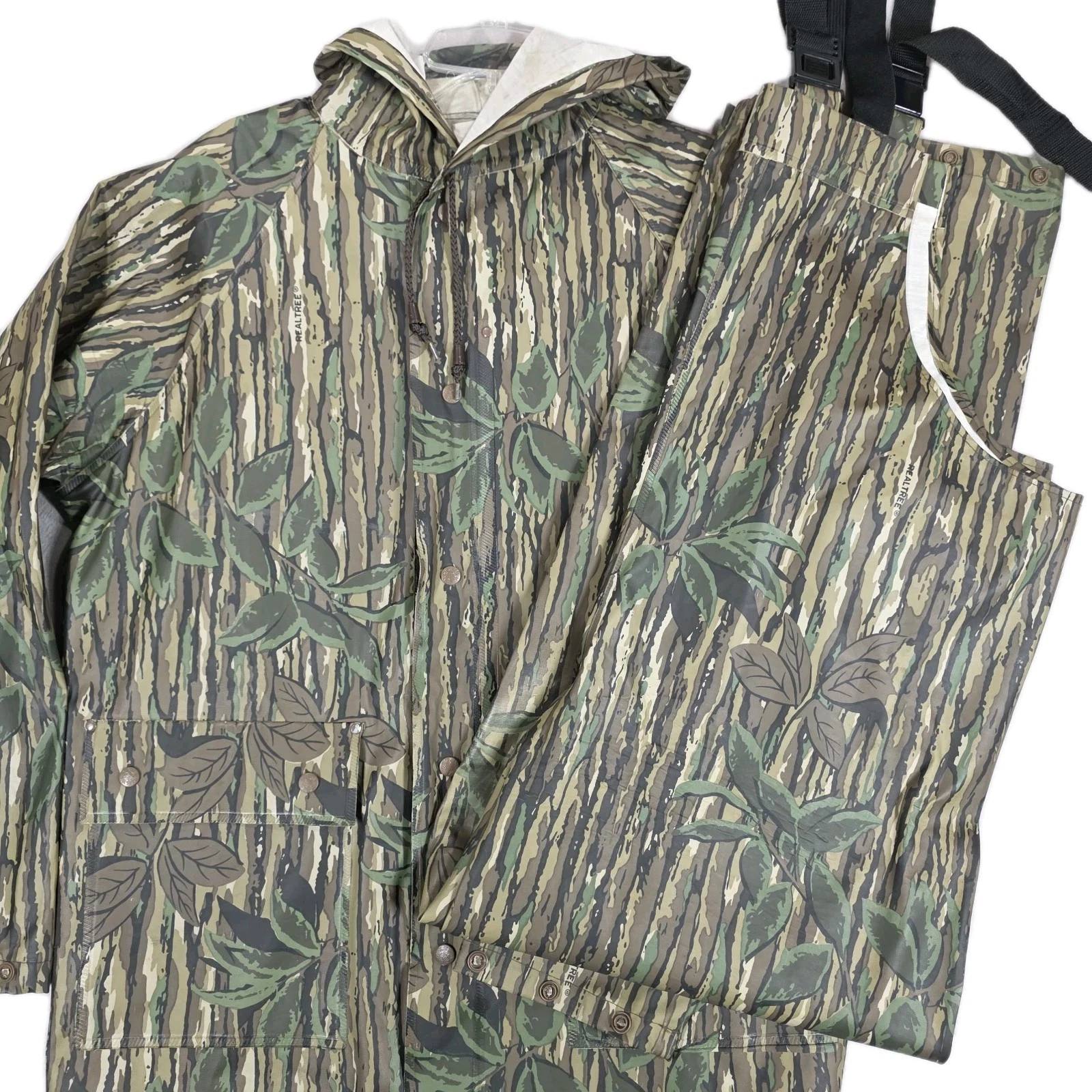 Vintage Realtree Rain Jacket & Coveralls 2pc Set Large Camoflauge Hunting PVC