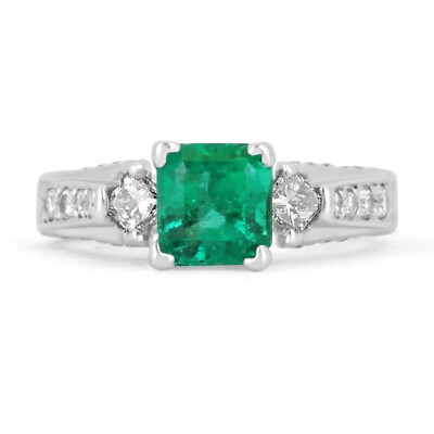 1.40tcw AAA Top Colombian Emerald & Princess Cut Diamond Engagement Ring 14K