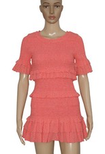 LoveShackFancy Aveline Ruffled Dress Printed Smocked Bell Sleeve Coral New S