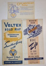 VELTEX GAS OIL 3 PIECE FLETCHER OIL CO ORIGINAL OREGON WASH ROAD MAP & POSTCARD
