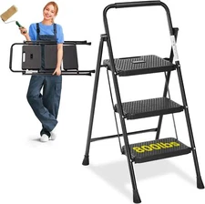 3 Step Ladder Portable Folding Stool w/Wide Anti-Slip Pedal Lightweight Black