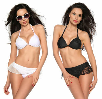 Push-Up Bikini Set: BH-Top und Slip mit Rock aus Spitze in weiß schwarz Samegame