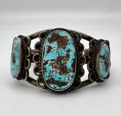 Vtg Navajo Sterling Silver & Pilot Mountain Turquoise Twist Cuff Bracelet 71.8g