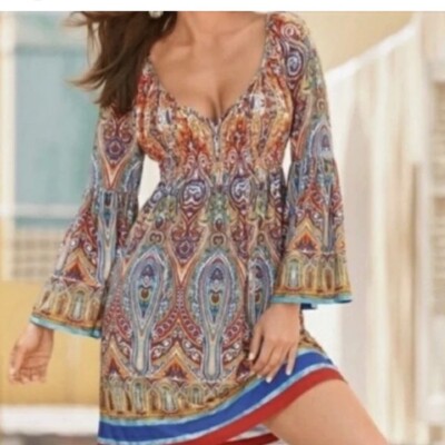 NWT Boston Proper Vibrant Paisley Dress Size 4 Long Bell Sleeves Bohemian