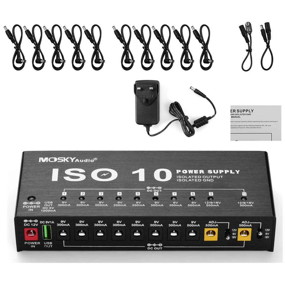 Mosky ISO 10x Output Guitar Effect Pedal Board Power Supply 9V 12V 18V Cable Kit