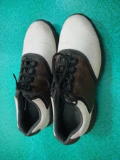 FOOTJOY GREENJOY FLEXZONE 45516 WHITE/BROWN/BLACK MEN GOLF OXFORD SHOE 8.5 M EUC