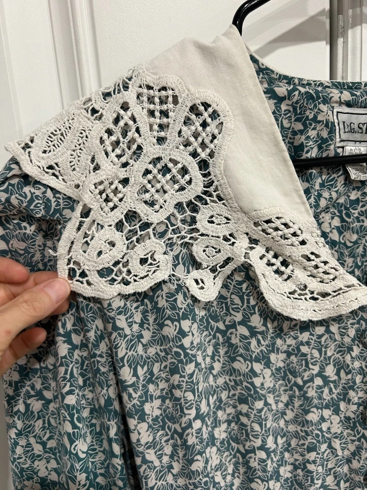 Vintage 80s L.G. Star Floral Midi Dress Lace Collar Sz 18 Modest Cottagecore - Image 4 of 4