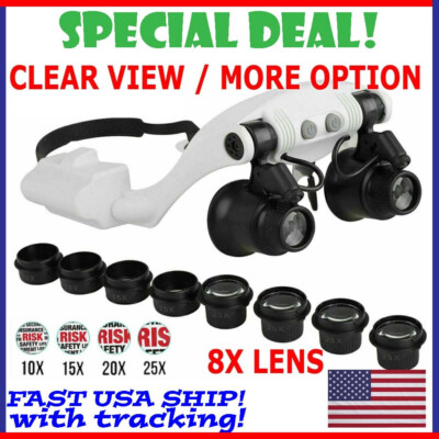 Headband Head Magnifier 8 Lens LED Light Jeweler Watch Loupe Magnifying Glasses