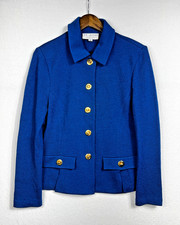 St. John Knit Collection Blue Gold Button Jacket Blazer Size 12 Elegant USA