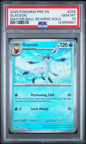 2025 POKEMON PRE EN-PRISMATIC EVOLUTIONS #025 GLACEON MASTER BALL PSA 10