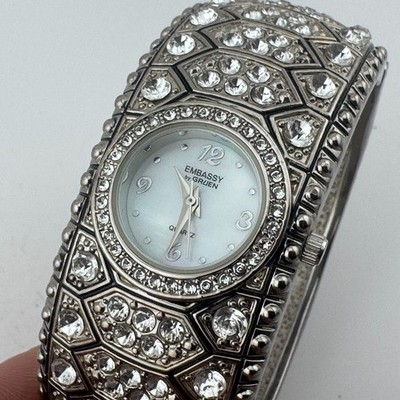 Gruen Embassy Quartz Watch Women Silver Rhinestone MOP Cuff Bangle New Battery