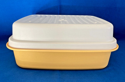 Vintage Tupperware gelber starrer Behälter 1470 weißer Deckel 1469 Fleisch Brot Aufbewahrung