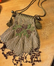 Vintage GREEN Silk BEADED  Embroidered Evening PURSE HANDBAG BAG