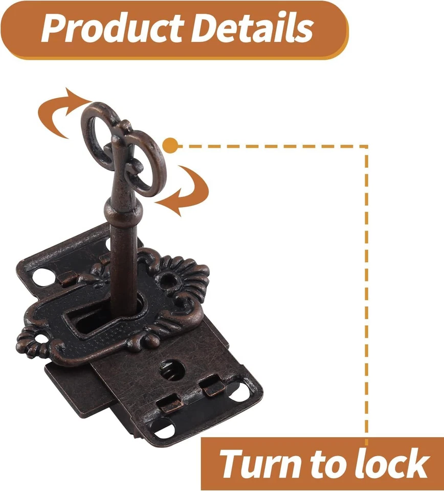 2 Juegos Cerradura Llave Esqueleto Decorativa Antiguo Rojo Bronce Cerradura Gabinete con Llave para Foto 3 de 4