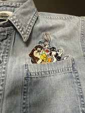 VTG Looney Tunes Denim Shirt Button Up Sz Youth M Warner Bros Embroidered