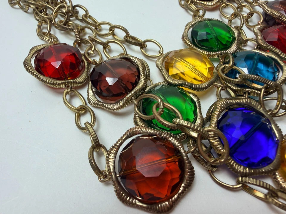 Collar Vintage Tono Dorado 4 Hilos Multicolor Grande Cristal Bisel 20" Foto 3 de 4