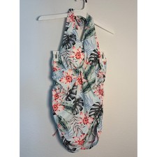 Tropical Floral Halter Tankini Set Blue Pink Palm Leaf Ruched 2PC Swimsuit 2XL