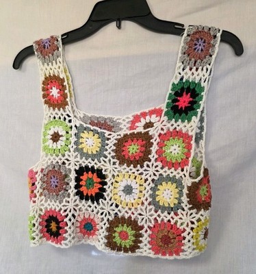 Women Granny Square Crochet Cropped Tank Top Colorful Festival Boho One Size