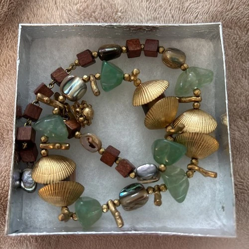 Miriam Haskell Vintage Shell Necklace Gilt Gold Beaded Sea Ocean Nautical