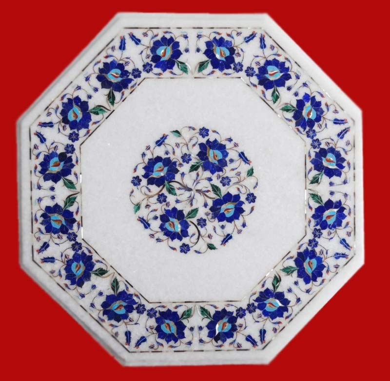 16 Inch Handmade Marble Coffee Table with Lapis Floral Inlay Artisan Home Decor