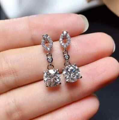 2Ct Round Real Moissanite Women's Drop/Dangle Earring 14K White Gold Plated