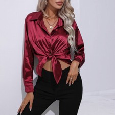 Womens Satin Silk Solid Shirt Ladies Casual Loose Button-up OL Work Blouse Tops