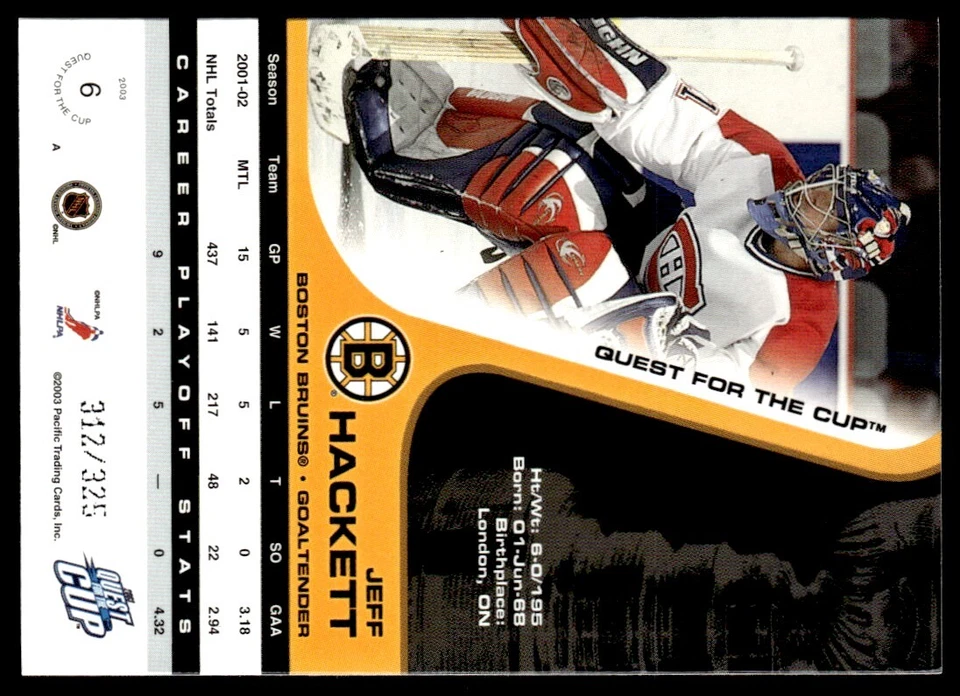 2002-03 PACIFIC QUEST FOR THE CUP GOLD Jeff Hackett /325 Boston Bruins #6 - Image 2 of 2