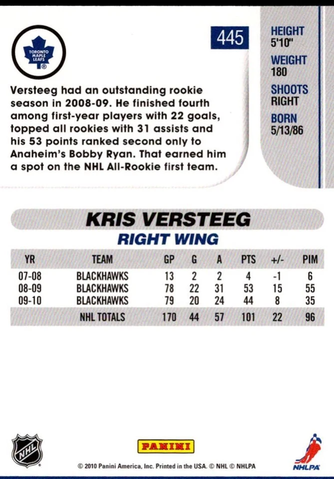 2010-11 Score Kris Versteeg Toronto Maple Leafs #445 - Image 2 of 2
