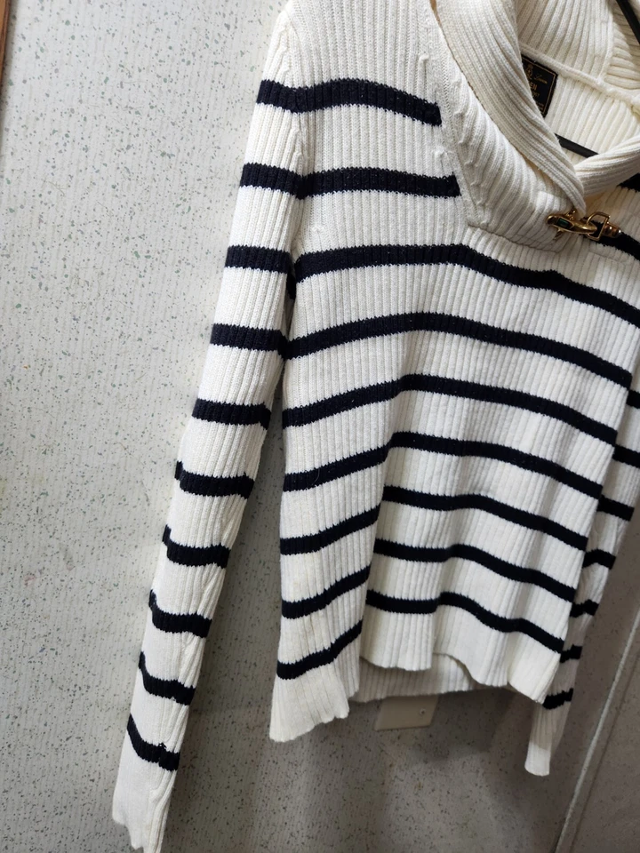 Suéter Ralph Lauren Etiqueta Negra Cierre Dorado Acento Para Mujer S Rayas Beige Negro Foto 4 de 4