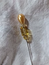 Sweet Petite, Vintage Yellow Goldish Glass & Faux Pearl Hat Pin Hatpin, 3"