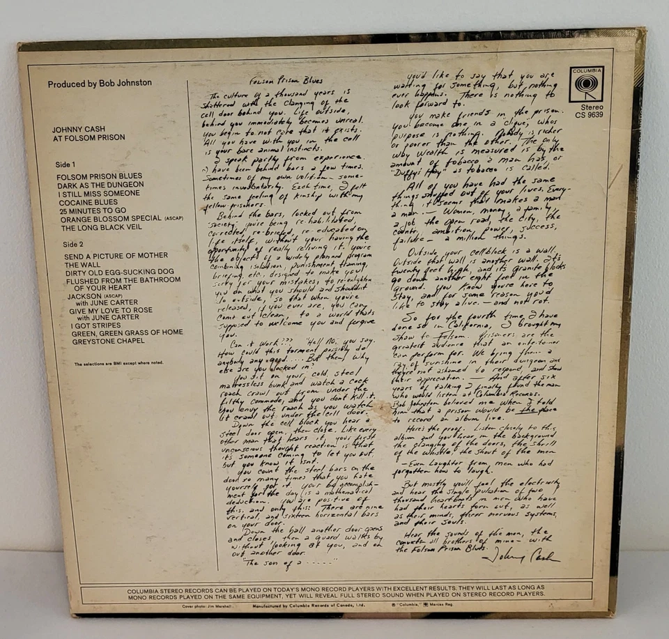 Johnny Cash At Folsom Prison Vinyl LP Columbia CS-9639 Stereo 33RPM 1968 NM / VG - Image 2 of 4