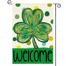 St Patricks Day Garden Flag 12x18 Inch Double Sided Outside, Shamrock Clover Pol