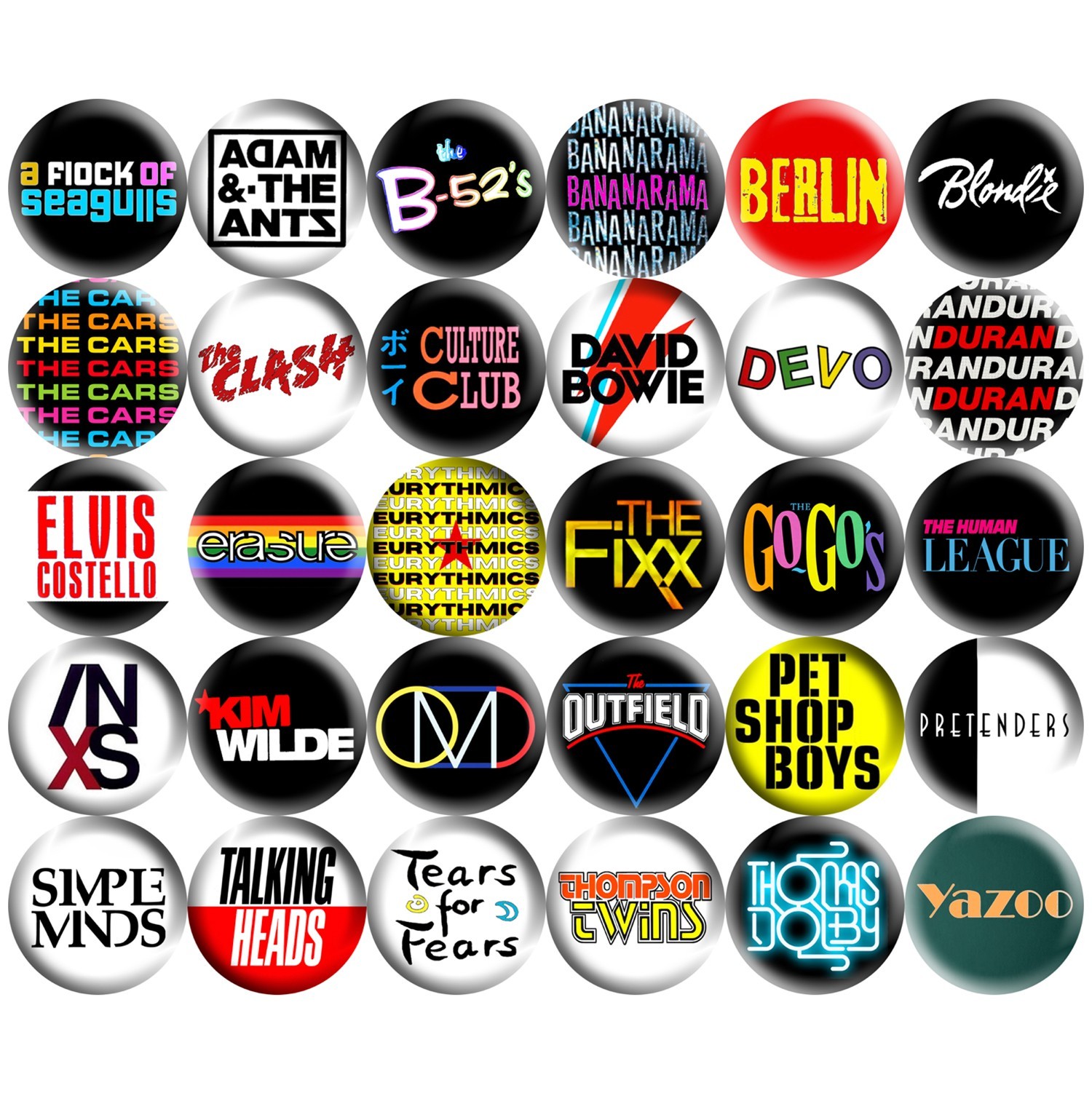 80er New Wave 1" Pinback Buttons Set 120 Pins, Synth Pop Dance Retro Musik
