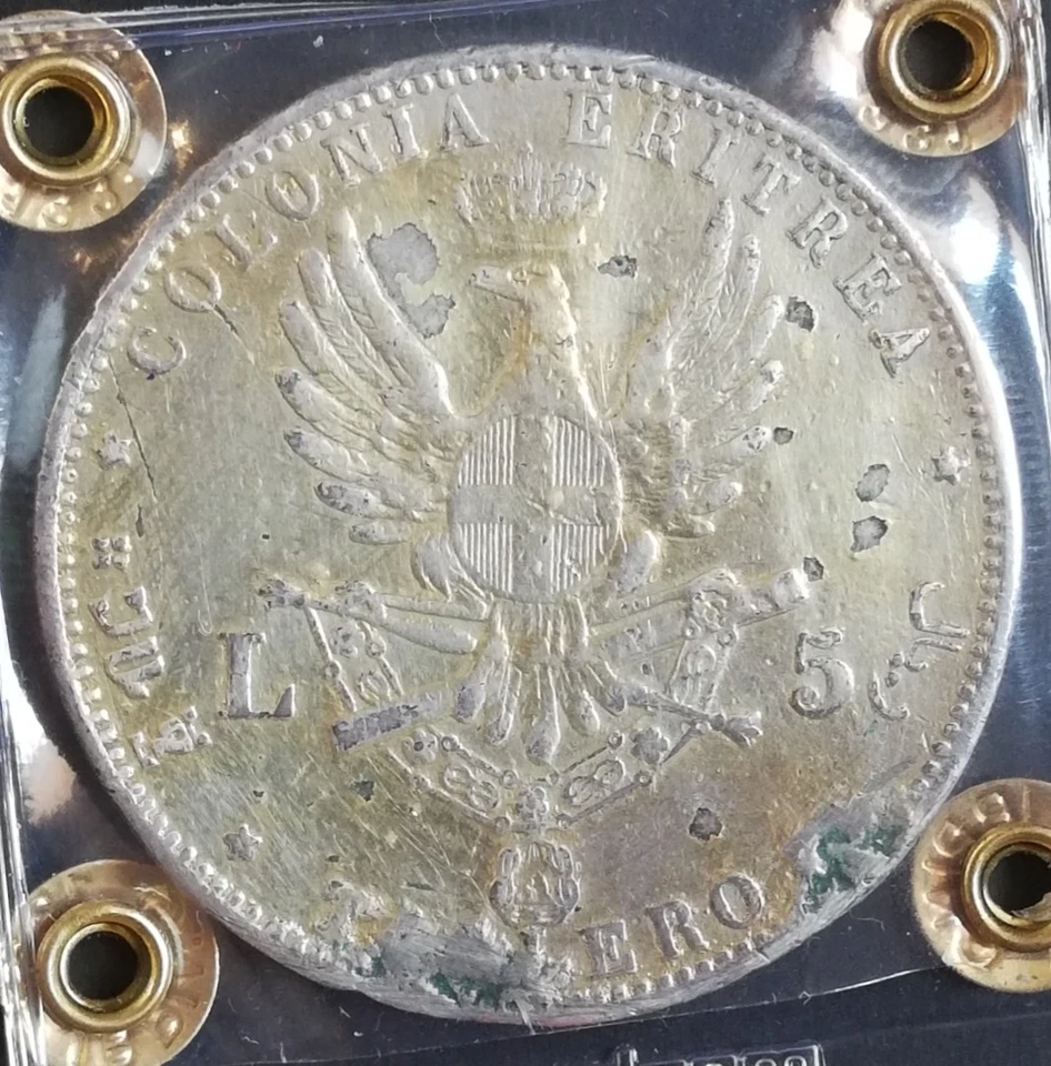 RARA - TALLERO UMBERTO I - 5 LIRE 1896 PERIZIATA - DORATA EX MONTATURA - ERITREA - Immagine 3 di 4