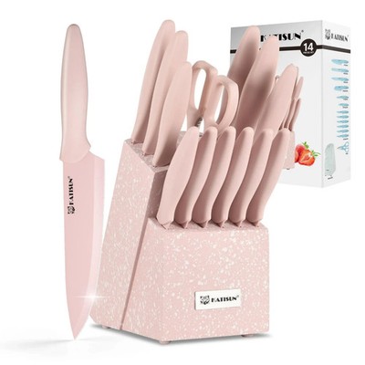 KATISUN Messerset 14-teilig rosa mit Stamm - Kohlenstoffstahl + Schere