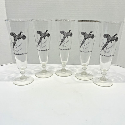 Vintage  Silver Rim Pilsner Glasses 10 oz Ringed Neck Pheasant   Set Of 5
