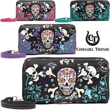 Sugar Skull Day of the Dead Cross Bone Rhinestone Women Zipper Wristlet Wallet