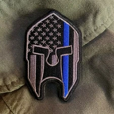Thin Blue Line American Flag Spartan Helmet Patch, Law Enforcement