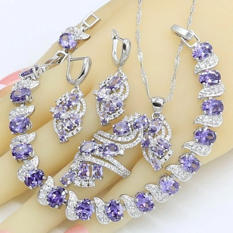 Cz Elegance Purple Stone Silver Necklace Set – VOYLLA