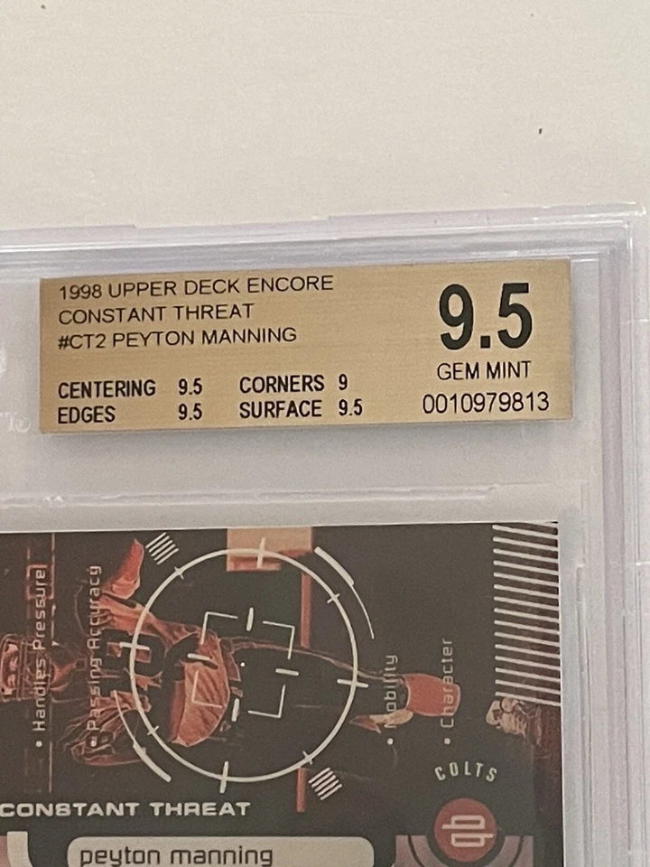 1998 Peyton Manning UD Encore Constant Threat ROOKIE #CT2 BGS 9.5 - Image 2 of 3