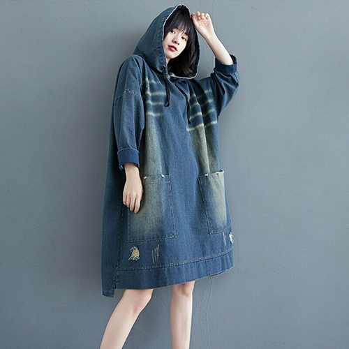 Lady Casual Denim Jean Hoodie Dresses 