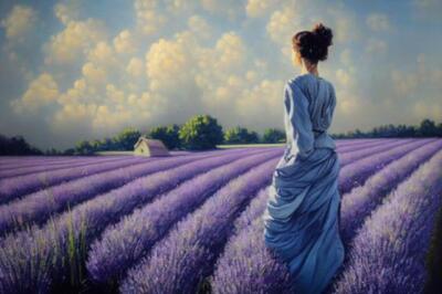 Wandbild: Frau im blauen Kleid, das im Lavendelfeld steht, Kunstdruck [...]