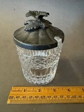 VAL LAMBERT SIGNED CUT CRYSTAL JAM HONEY SUGAR JAR W/ SILVERTONE FLOWER LID VTG